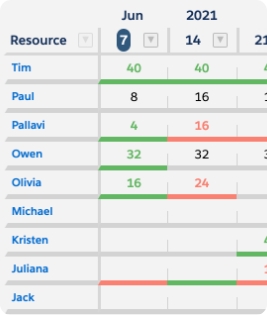 A portion of the Resource Hero Forecast Matrix showing a spreadsheet-like interface for managing resources and allocating time.