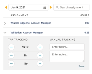 A portion of the Resource Hero Tap Tracking Interface that allows service delivery teams can track time quickly and conveniently