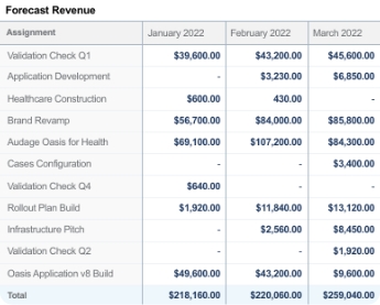 A report table depicting a pipeline of revenue by month per project assignment.