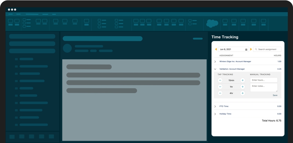 Screenshot depiction of the Resource Hero Tap Tracking time tracking component on an email client
