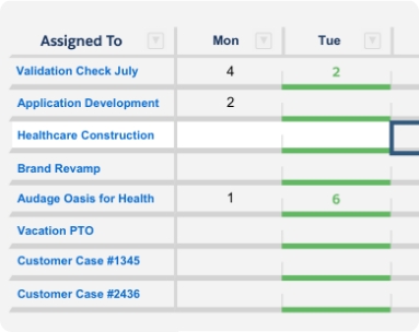 A portion of the Resource Hero Weekly Time Tracking component showing a spreadsheet-like interface for logging time to projects