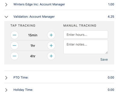 Resource Hero Tap Tracking Interface allows users effortless time tracking with a few button clicks.