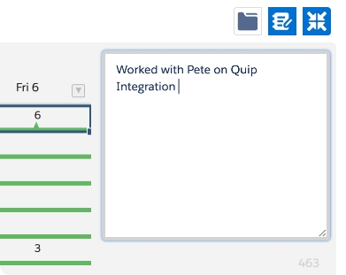 A portion of the Resource Hero Weekly Time Tracking component showing a the ability to capture notes