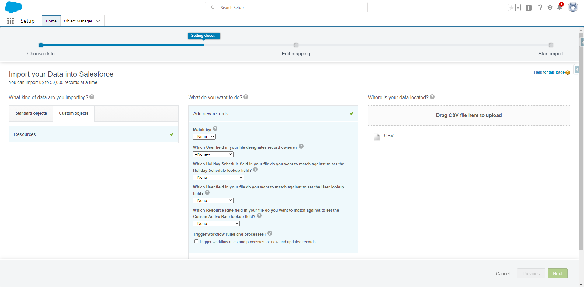 Select the resource object then upload your CSV file