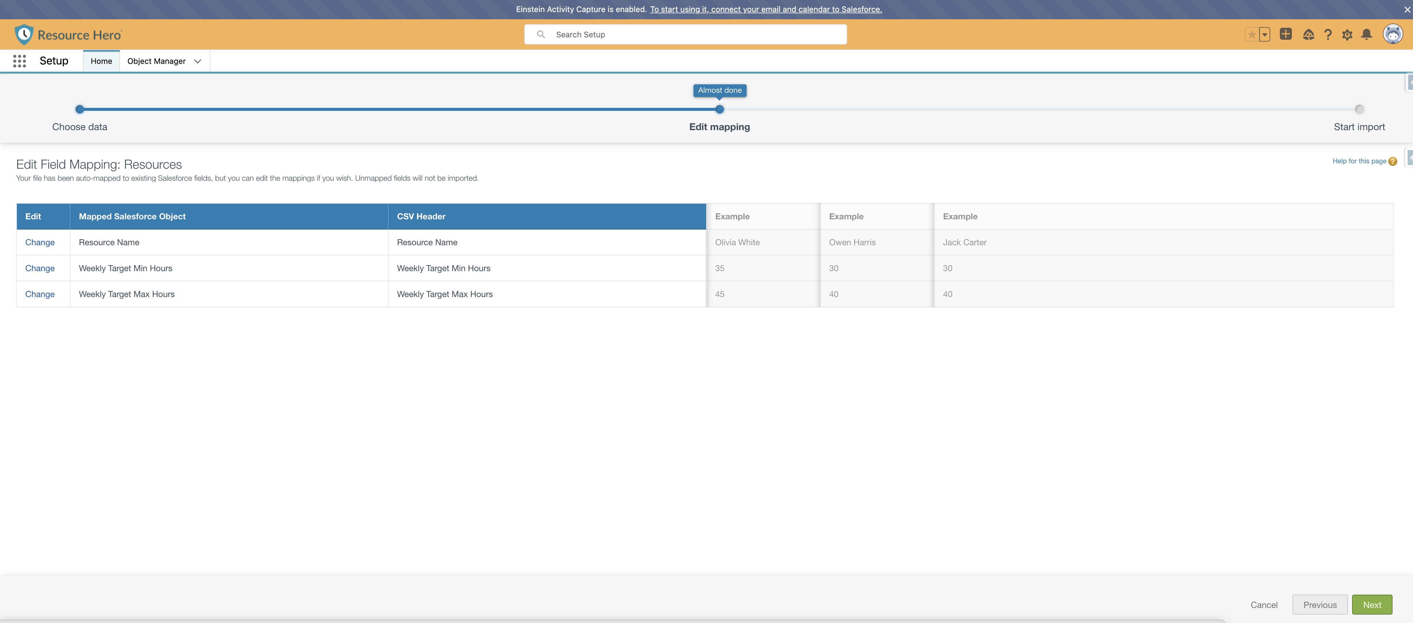 Data import field mapping screen