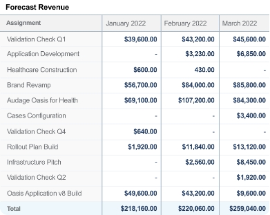 Sample report displaying revenue by month per project assignment