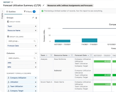 A portion of the Salesforce report builder showing how leadership can create custom reports and charts with their Resource Hero data