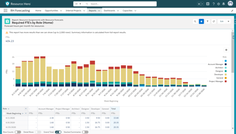 Resource Hero report showing required full time equivalent (FTEs) resources by Role