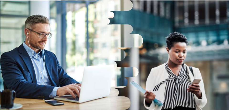 Photo of a man sitting at a desk working on a laptop computer and a woman walking in a city working on a smart phone