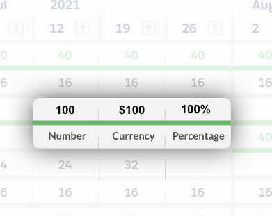 Depiction of how the Resource forecast and time tracking interfaces can be configured for numbers, currency, and percentages.