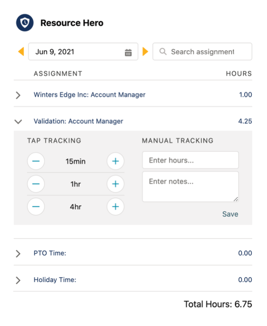Resource Hero Tap Tracking Interface allows users effortless time tracking with a few button clicks.