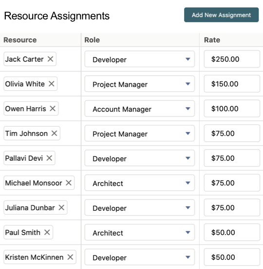 A resource management interface showing an editable list of resources with attributes such as resource name, role, and bill rate. 