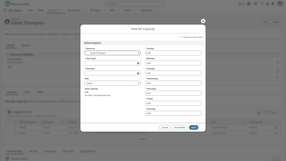 Creating a new RH Capacity record on a resource: date range, role, and per-workday available hours