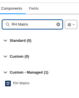The Lightning App Builder component palette filtered to RH Matrix, listed under Custom - Managed.