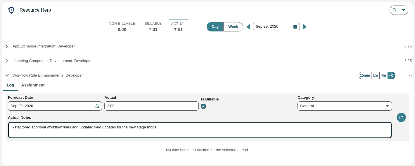 An expanded assignment row on the Log tab with the time entry form filled in: today's date, 2.00 actual hours, Is Billable checked, the General category and a note.