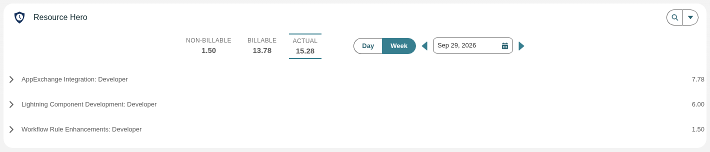 The Time Tracking component in Week view, showing Non-Billable, Billable and Actual totals above three assignment rows with their weekly hours.