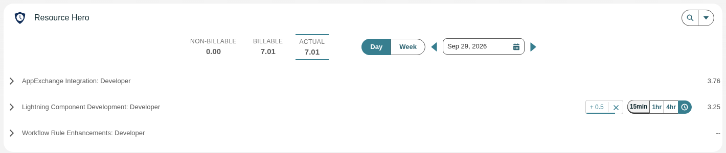 A pending total of + 0.5 hours with its countdown bar, shown beside the 15min, 1hr and 4hr increment buttons after two quick clicks on 15min.
