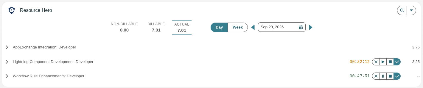 Two assignment rows with timers in their headers: Lightning Component Development paused at 00:32:12, and Workflow Rule Enhancements running at 00:47:31.