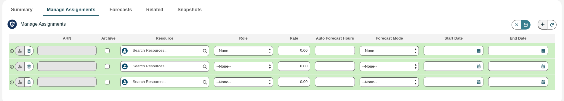 Three new, unsaved assignment rows highlighted in green, with the Cancel and Save icons at the top right of the component.