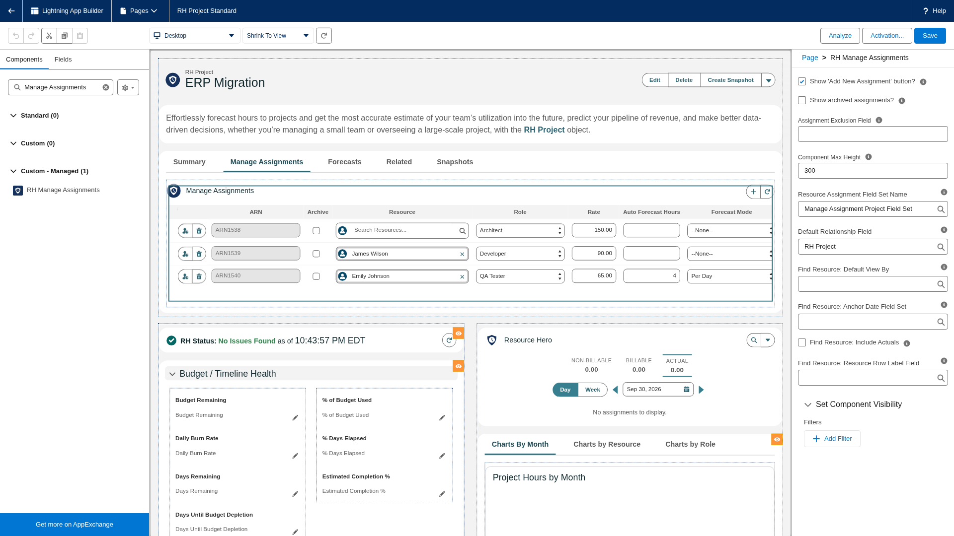 The Lightning App Builder with RH Manage Assignments selected on an RH Project page and its properties shown in the right-hand panel.