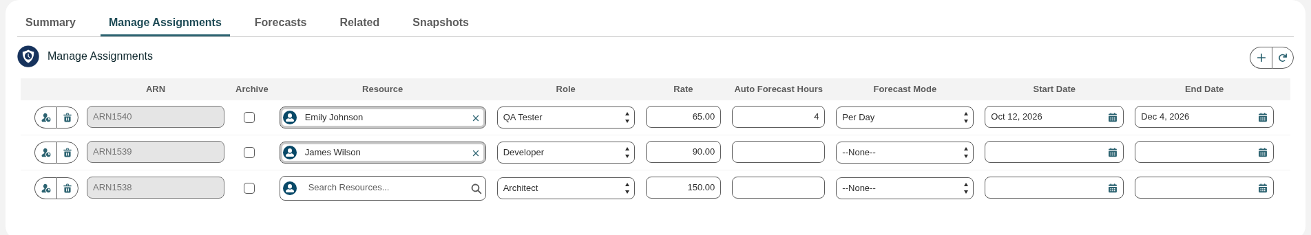 The Manage Assignments component on an RH Project, listing three assignments with Resource, Role, Rate, auto-forecast fields and dates.