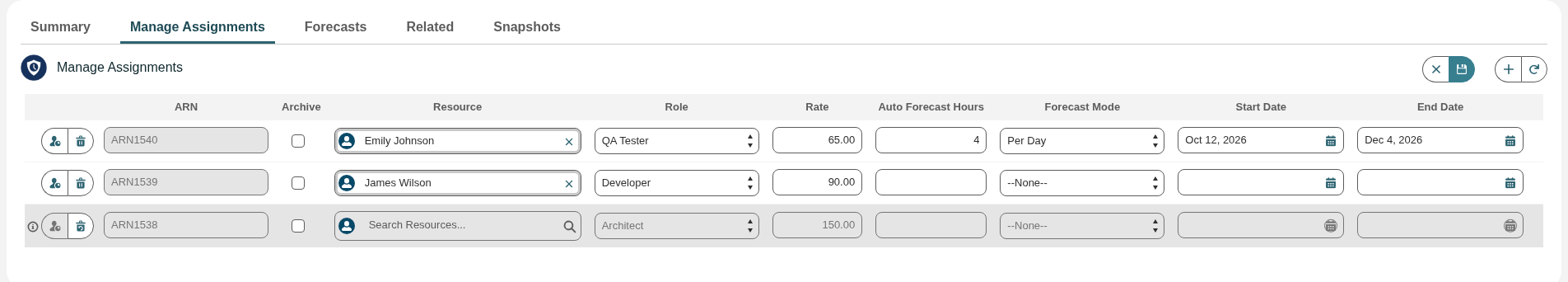An assignment row grayed out after clicking its trash icon, pending delete until the changes are saved.