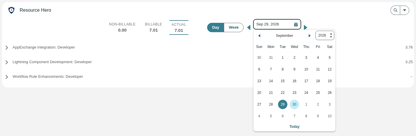 The Time Tracking component in Day view for Sep 29, 2026, with the date picker open on September and the Day, Week and arrow navigation controls beside it.
