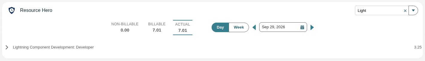 The Time Tracking search bar expanded with Light entered, filtering the list to the Lightning Component Development assignment.