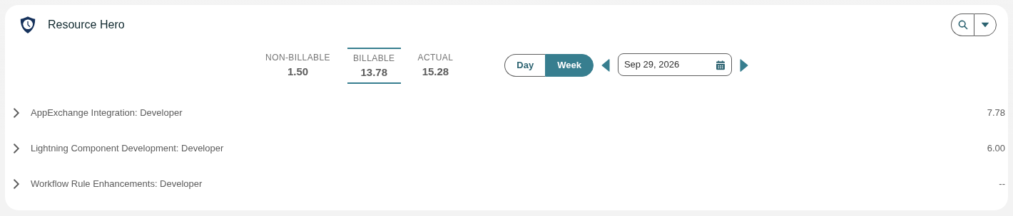The Time Tracking totals in Week view with Billable selected, so each assignment row shows its billable hours: 7.78 and 6.00.